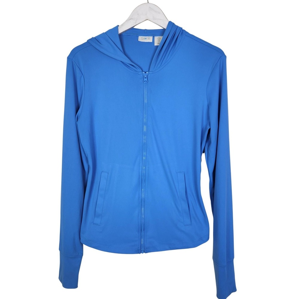 SKYR Jacket Womens Medium Blue Full Zip Hooded Thumbholes Lightweight Top‎